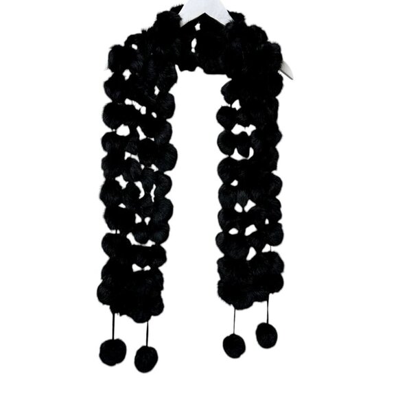 Fur Pompom Scarf Black 6x64" Evening Accessory Party Prom - Picture 2 of 6
